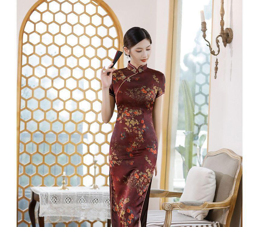 Short-Sleeve Floral Print  Midi Sheath Qipao Product Image