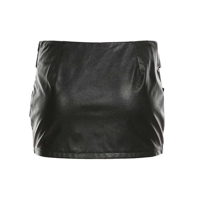 Mid Rise Faux Leather Buckled Detail Mini Pencil Skirt / Crop Cami Top Product Image
