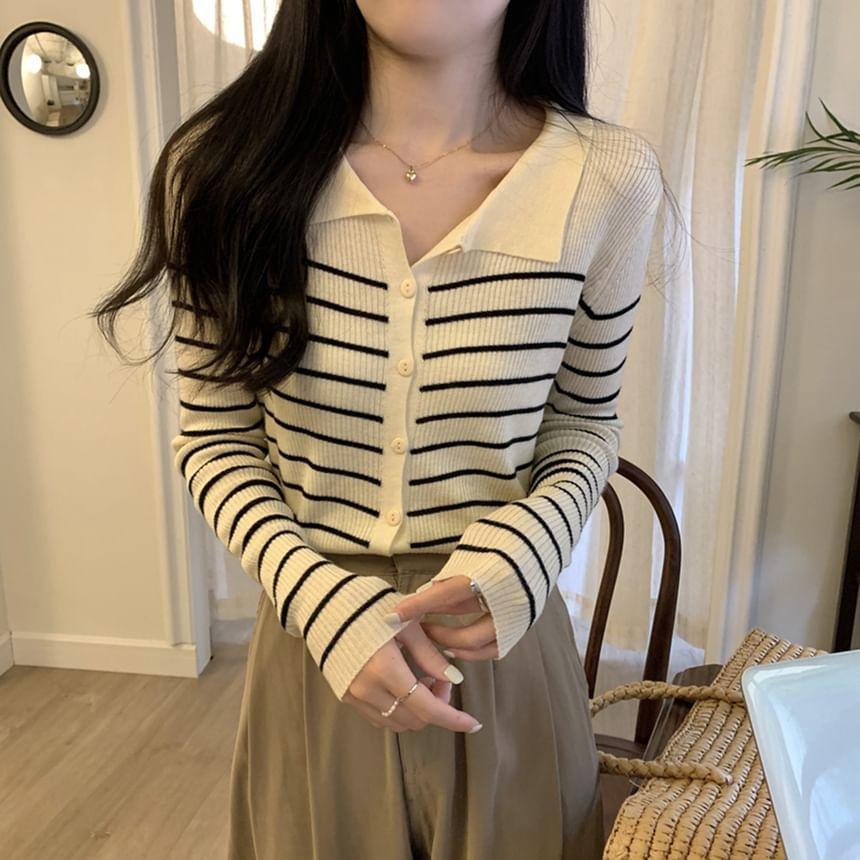 Collared V-Neck Striped Button Up Cardigan Product Image