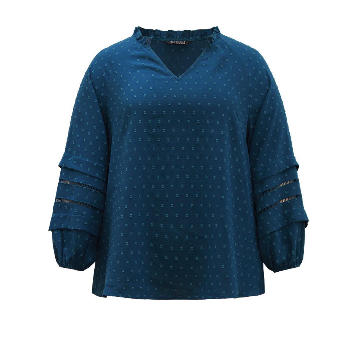 Plus Size Aegean Plain Textured Cut Out Frill Trim Lantern Sleeve Blouse Women Office Long Sleeve V-neck Work Blouses BloomChic 12/L Product Image