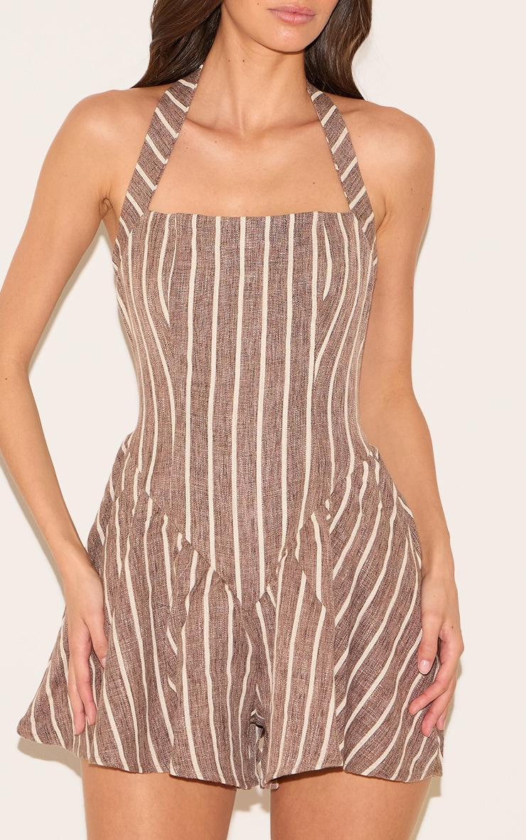 Chocolate Pinstripe Linen Halter Neck Floaty Romper Product Image