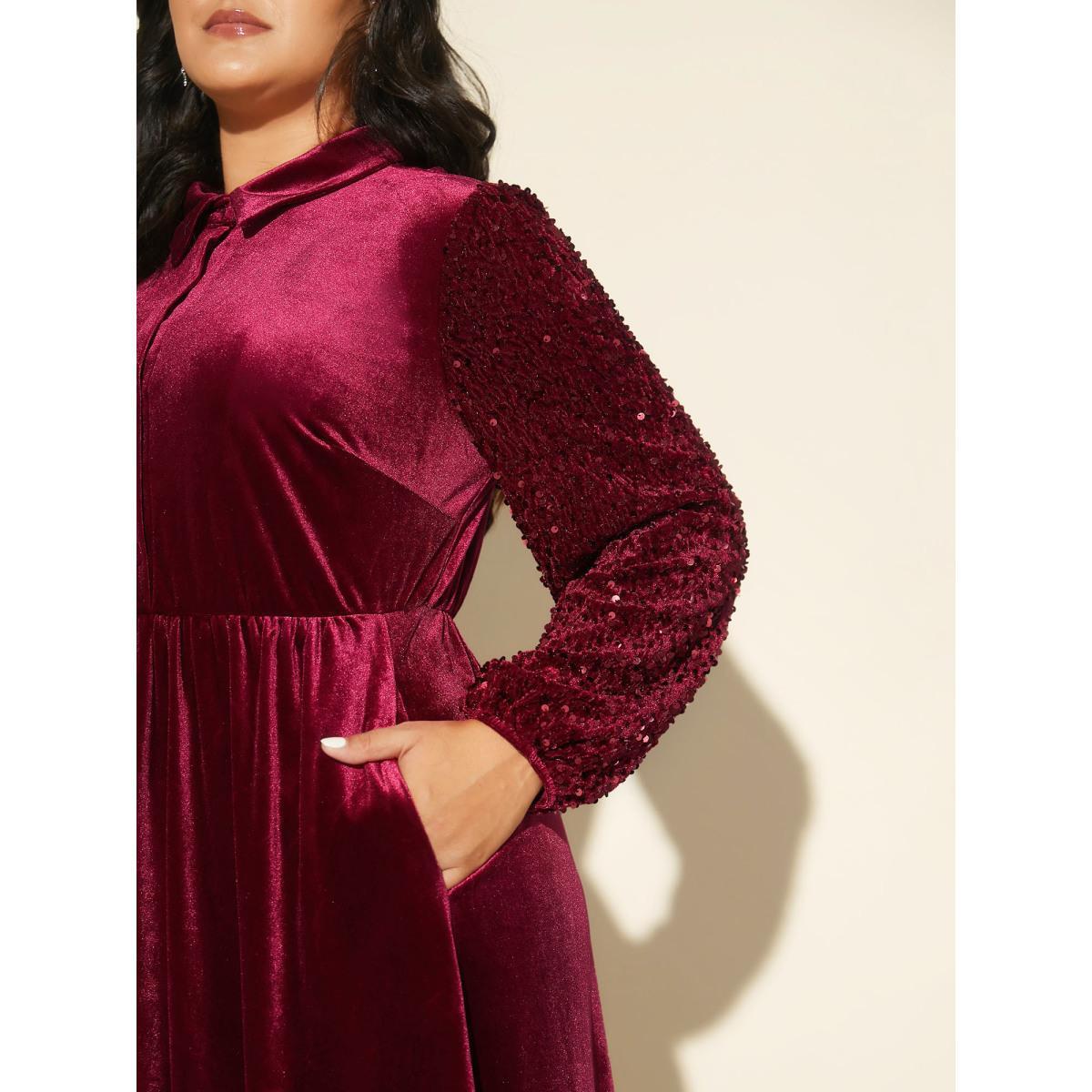 Plus Size Shimmery Embellishments Shirt Collar Midi Dress Burgundy Women Cocktail Texture Shirt collar Long Sleeve Curvy BloomChic 14-16/1X Product Image