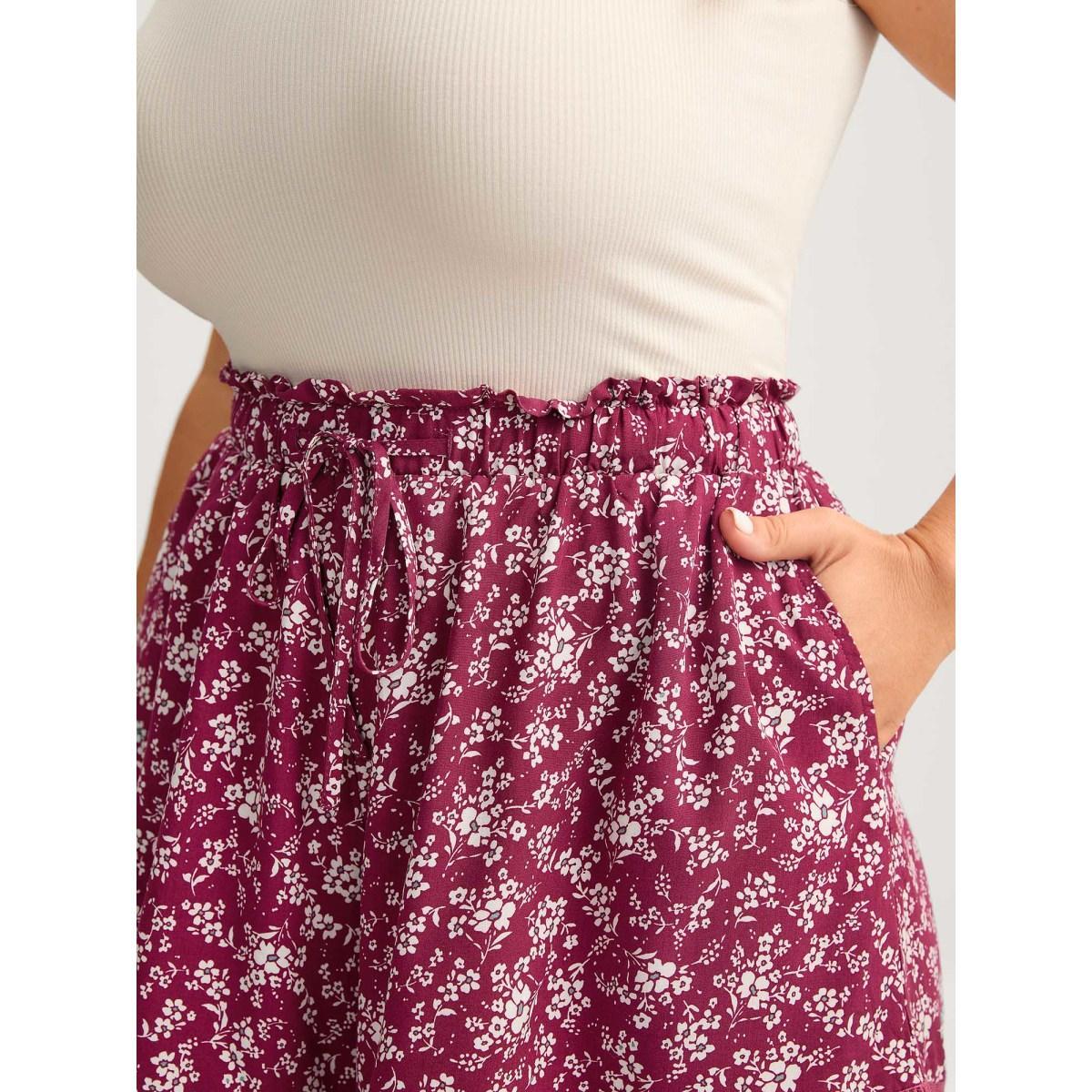 Plus Size Floral Waist-Tie Wide-Leg Shorts Women Burgundy Elegant Patchwork Wide Leg Everyday-Elegant Shorts BloomChic 14-16/1X Product Image