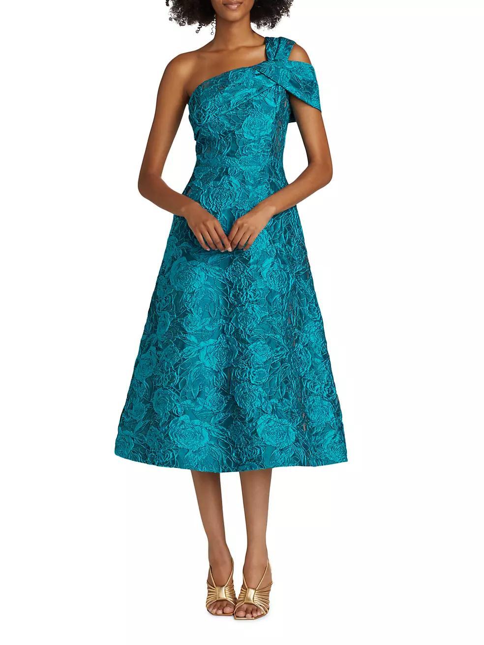 Floral Jacquard One-Shoulder A-Line Midi-Dress Product Image