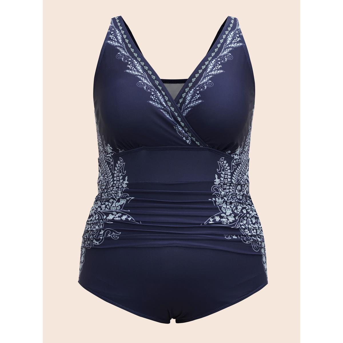 Plus Size Surplice Neck Boho Ruched One-Piece Swimsuit Women's Swimwear Indigo Beach Gathered Curve Bathing Suits High stretch One Pieces BloomChic 14-16/1X Product Image