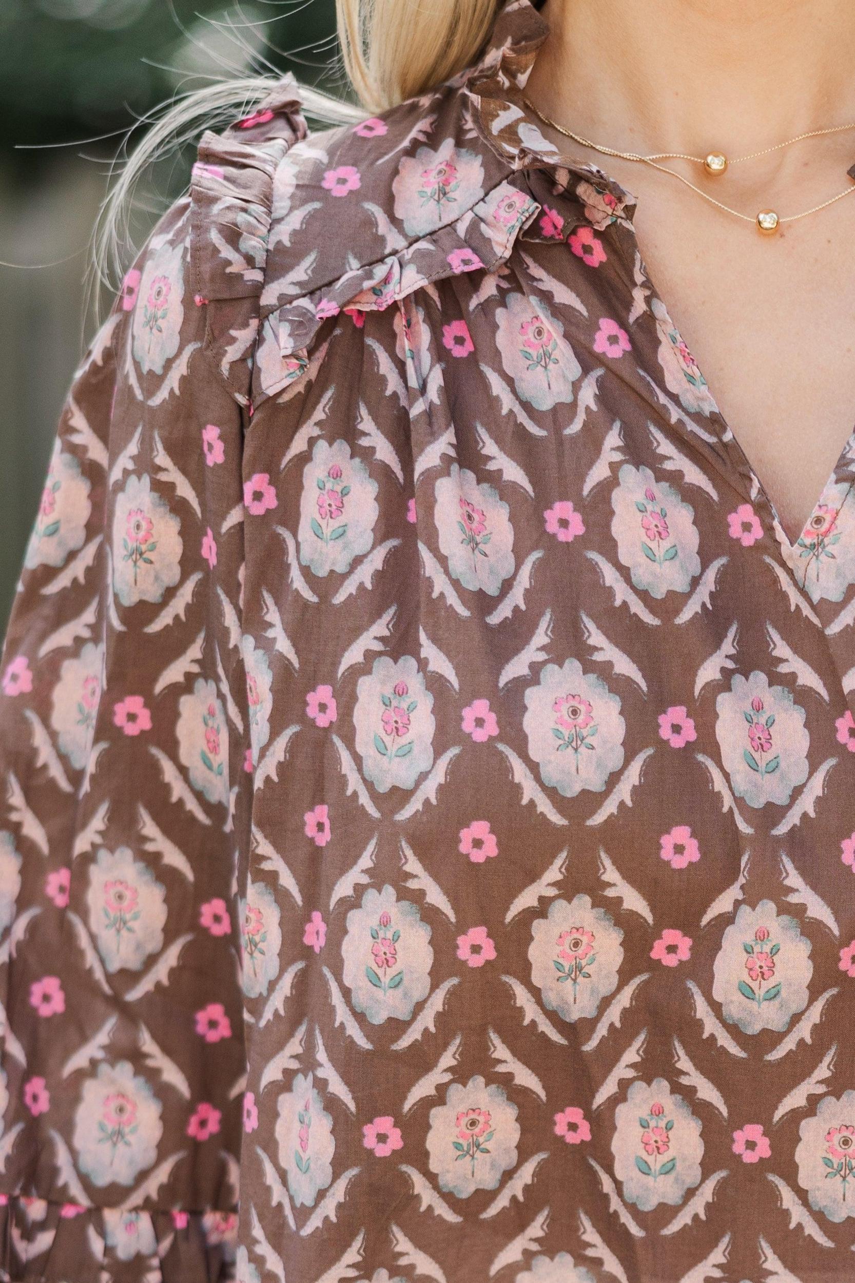 Tell It All Brown Medallion Blouse Female Product Image