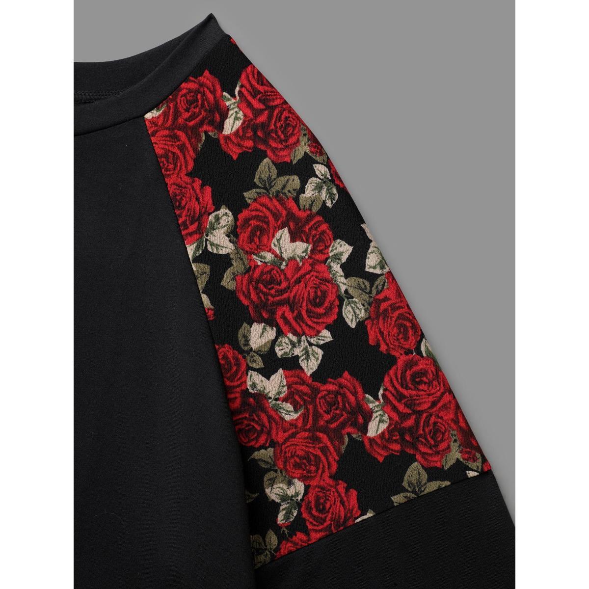 Plus Size Floral Raglan Sleeve Stretchy Fitted Sweatshirt Women Black Casual Contrast Round Neck Everyday Sweatshirts BloomChic 30/6X Product Image