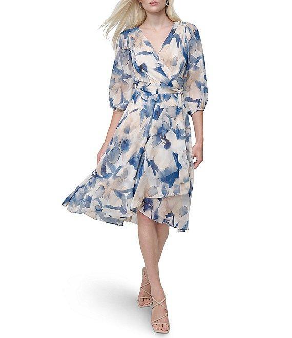DKNY by Donna Karan Woven Floral Print V Neck 3/4 Sleeve Faux Wrap Fit and Flare Midi Dress Product Image