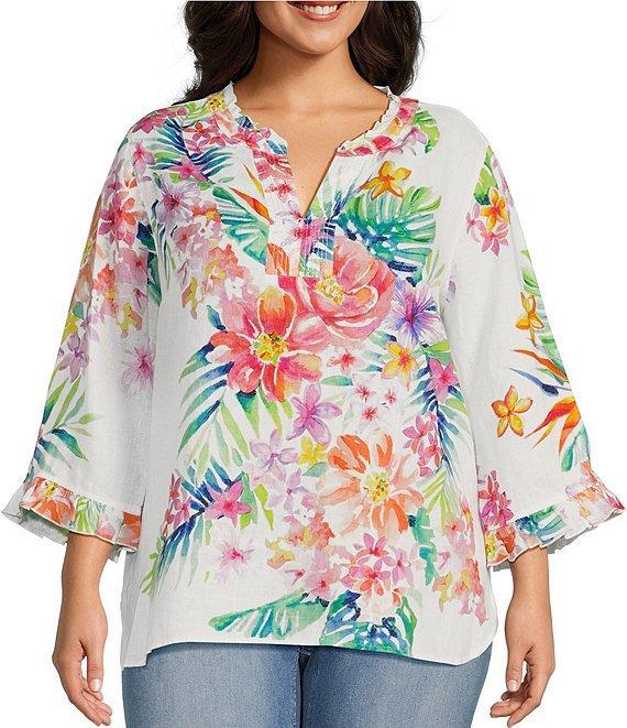 John Mark Plus Size Woven Linen Floral Ruffle Y-Neck 3/4 Sleeve Blouse Product Image