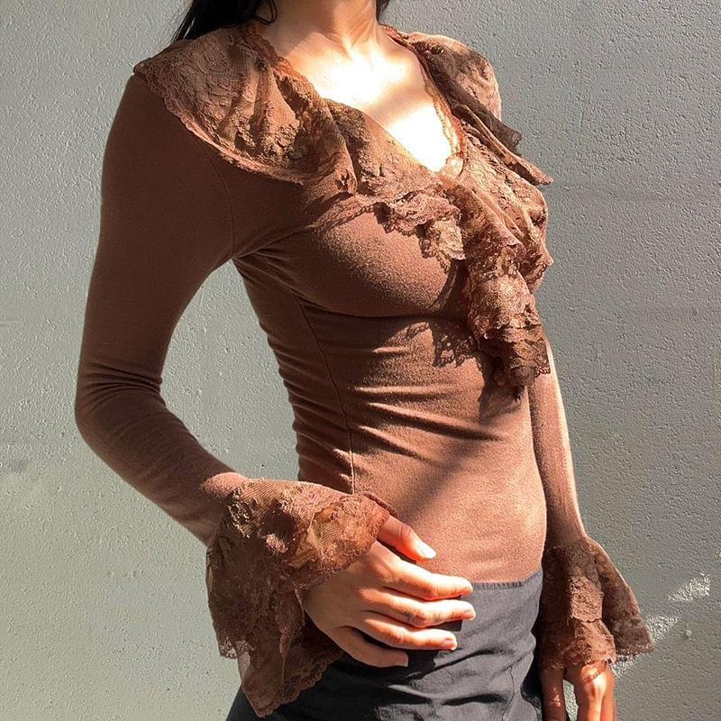 Bell Sleeve V-Neck Lace Panel Ruffled-Trim Slim-Fit Top Product Image