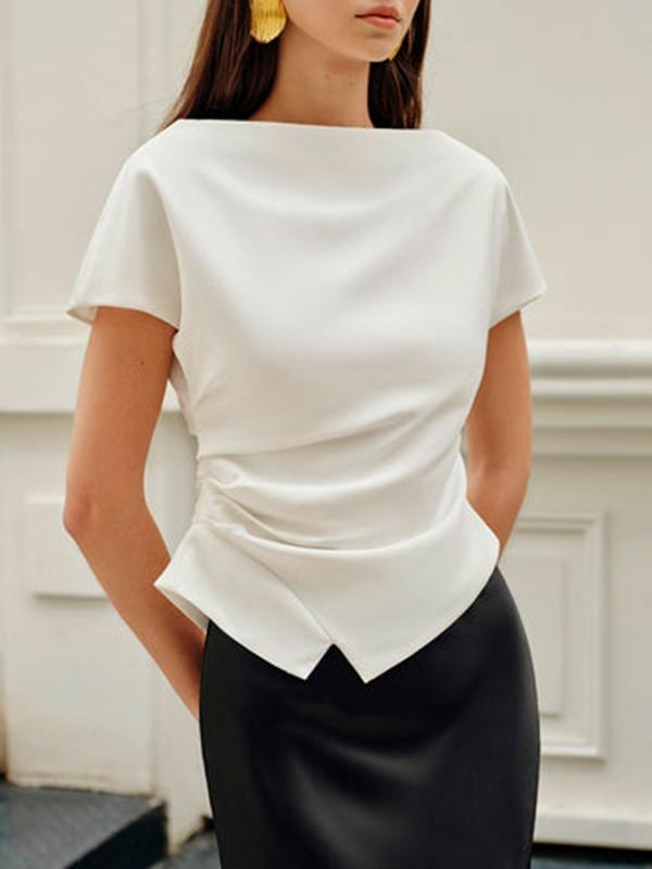Loose Raglan Sleeve Asymmetric Pleated Solid Color Split-Joint Round-Neck T-Shirts Product Image