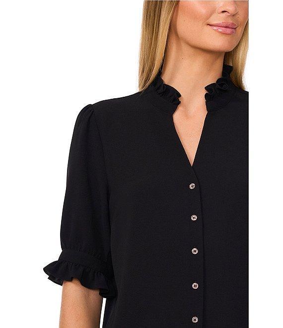 CeCe Ruffle V-Neck Elbow Sleeve Button Down Blouse Product Image