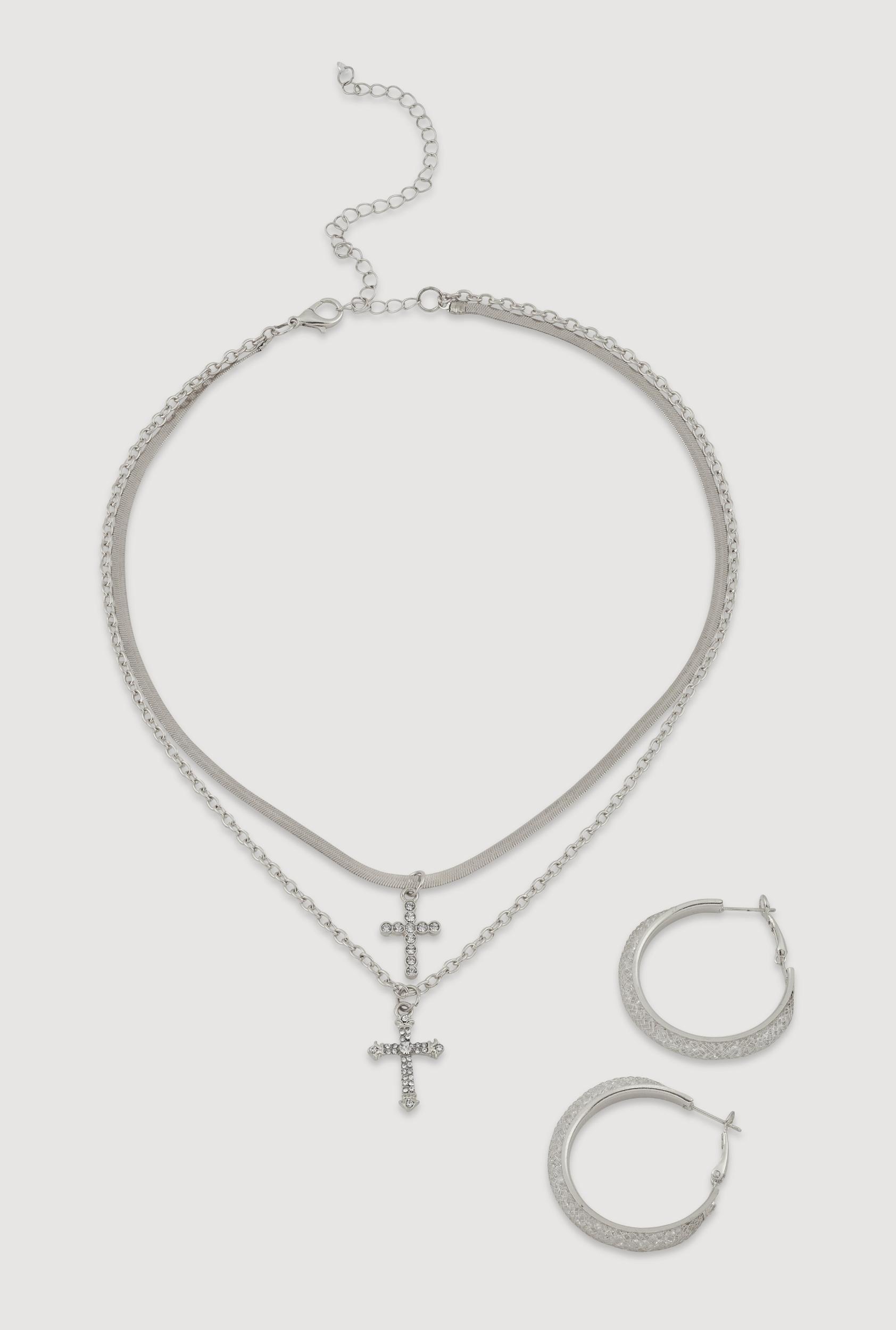Cross Layered Necklace and Hoop Earrings Female Product Image