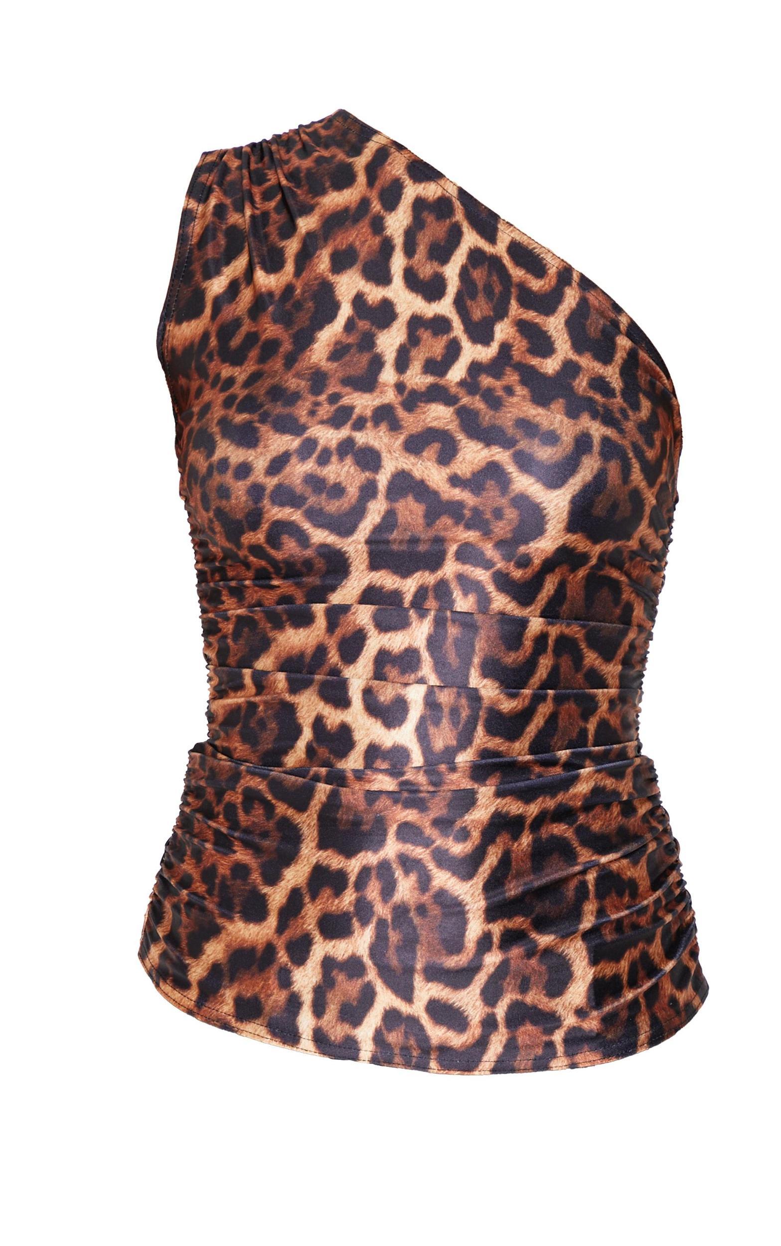 Brown Leopard Print Stretch Slinky Ruched Side Long Top Product Image