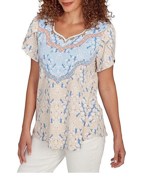 Ruby Rd. Petite Size Embroidered Printed Sweetheart Neck Short Tulip Sleeve Top Product Image