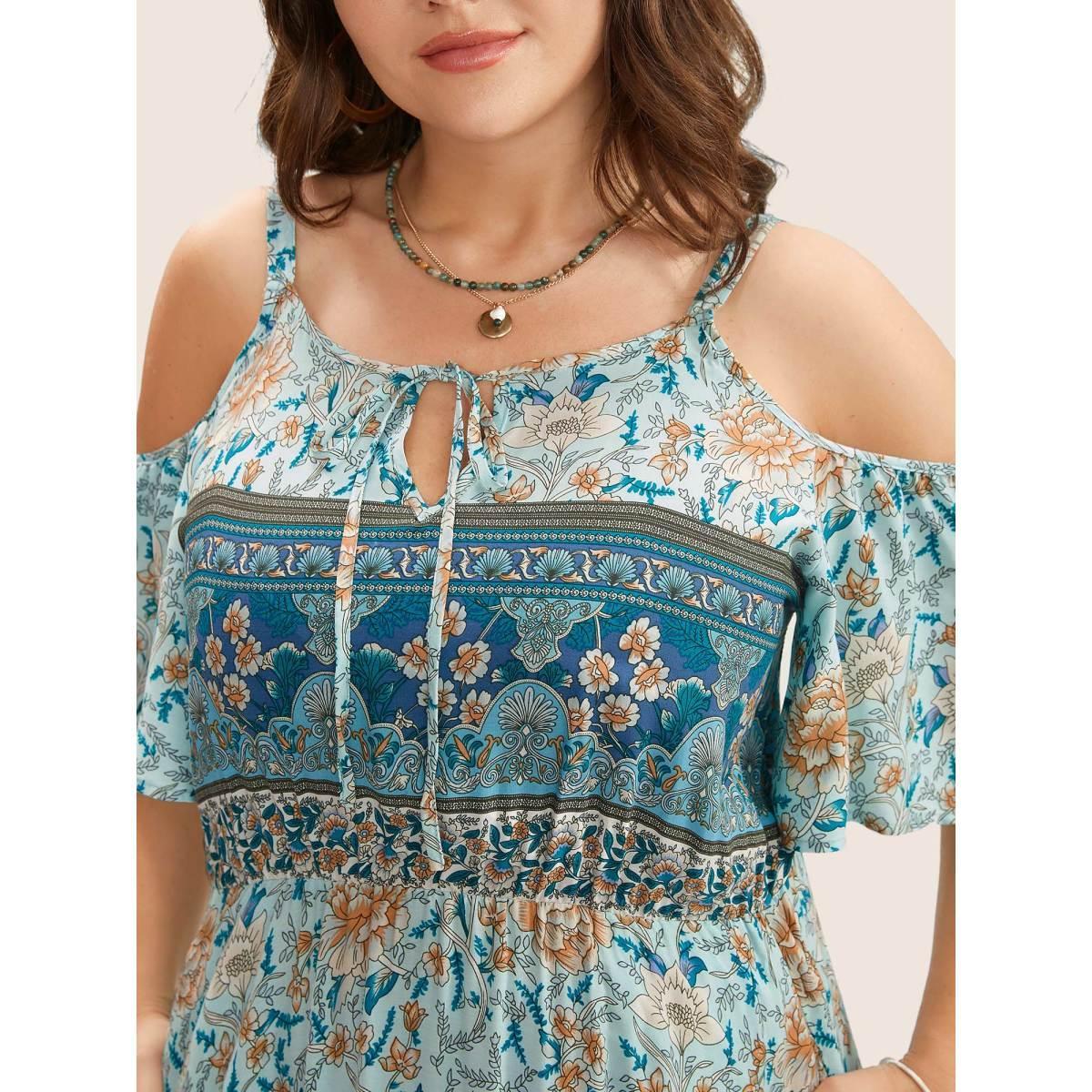 Plus Size Floral Print Pocket Keyhole Ruffles Cold Shoulder Maxi Dress Emerald Women Resort Non Non Half Sleeve Curvy Long Dress BloomChic 26/4X Product Image