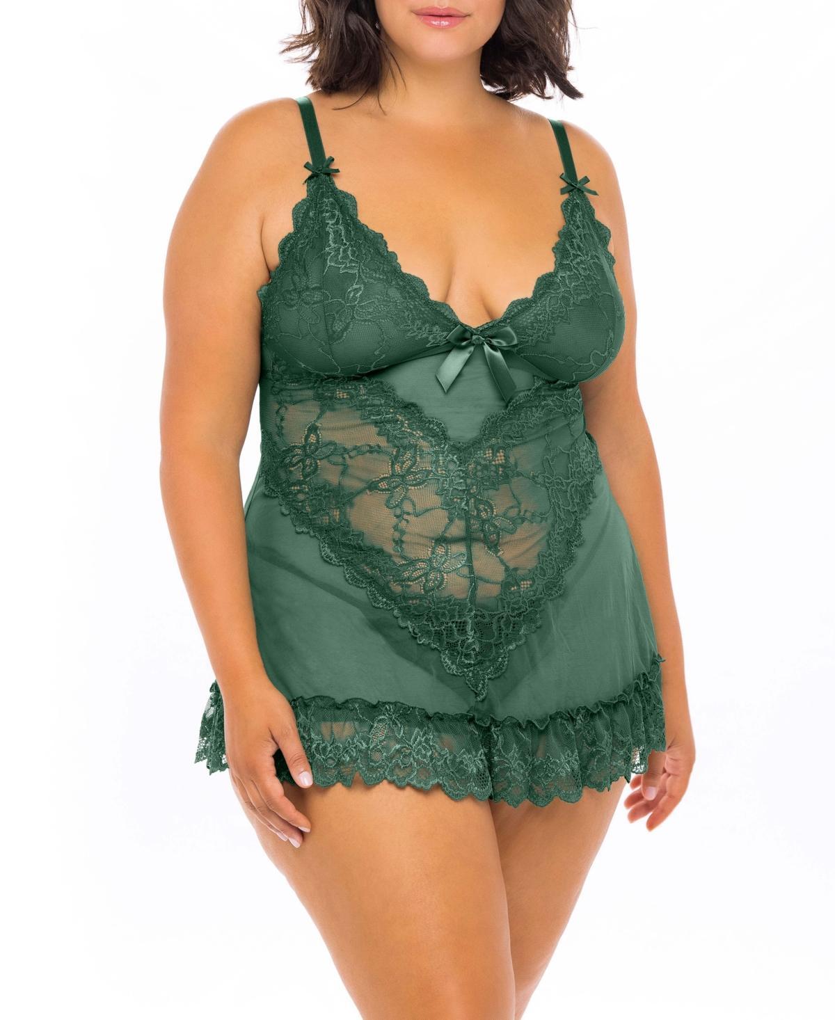 Plus Size Oh La La Cheri Valentine Soft Cup Lace Babydoll & G-String Set 2139X, Women's, Size: 1XL-2XL, Black Product Image
