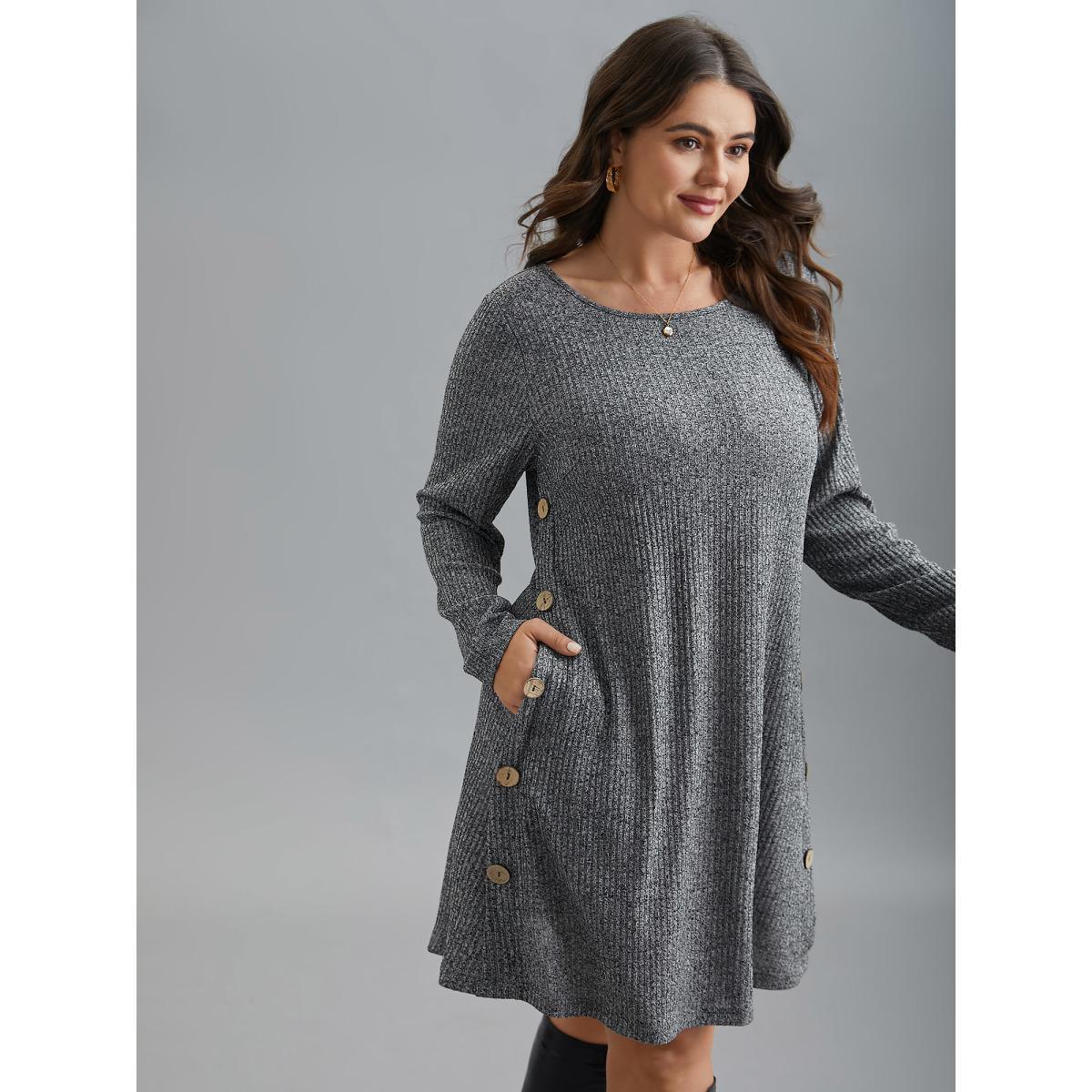Plus Size Crew Neck HeatherRibbed Knit Dress DimGray Women Casual Button Knit Dresses Bloomchic 22-24/3X Product Image