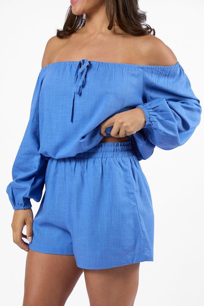 Deep Dive Blue Off The Shoulder Shorts Set SALE Product Image