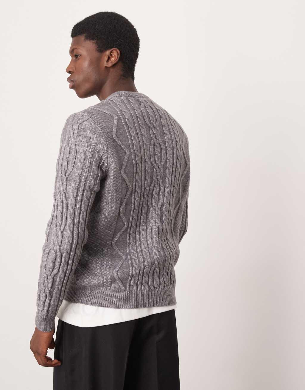 ASOS DESIGN heavyweight cable knit crew neck sweater in charcoal Product Image
