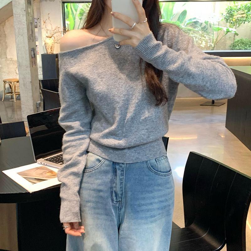 Long-Sleeve Off Shoulder Plain Knit Top Product Image