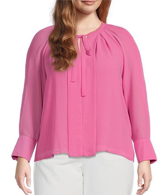 CeCe Plus Size Woven V-Neck Long Sleeve Tie Front Blouse Product Image