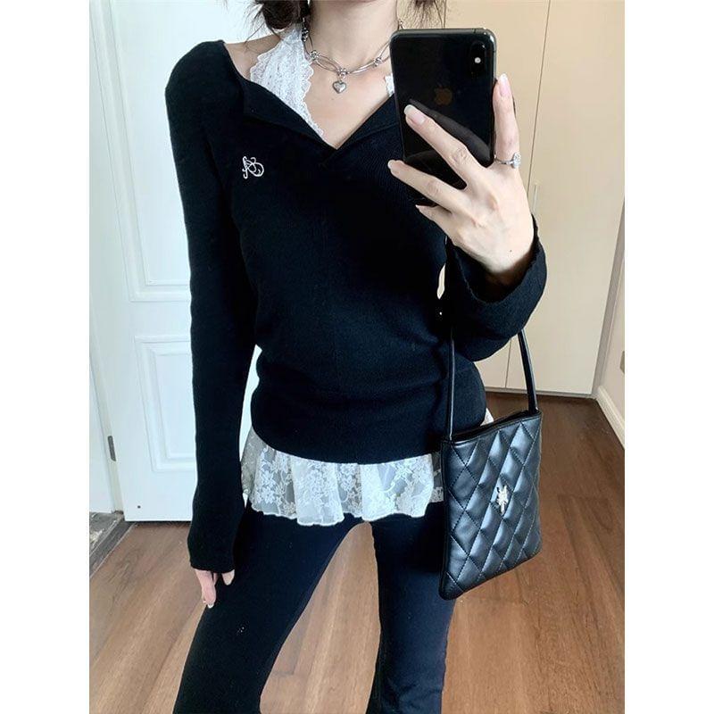Long Sleeve V-Neck Lettering Embroidered Top / Halter Plain Lace Top Product Image