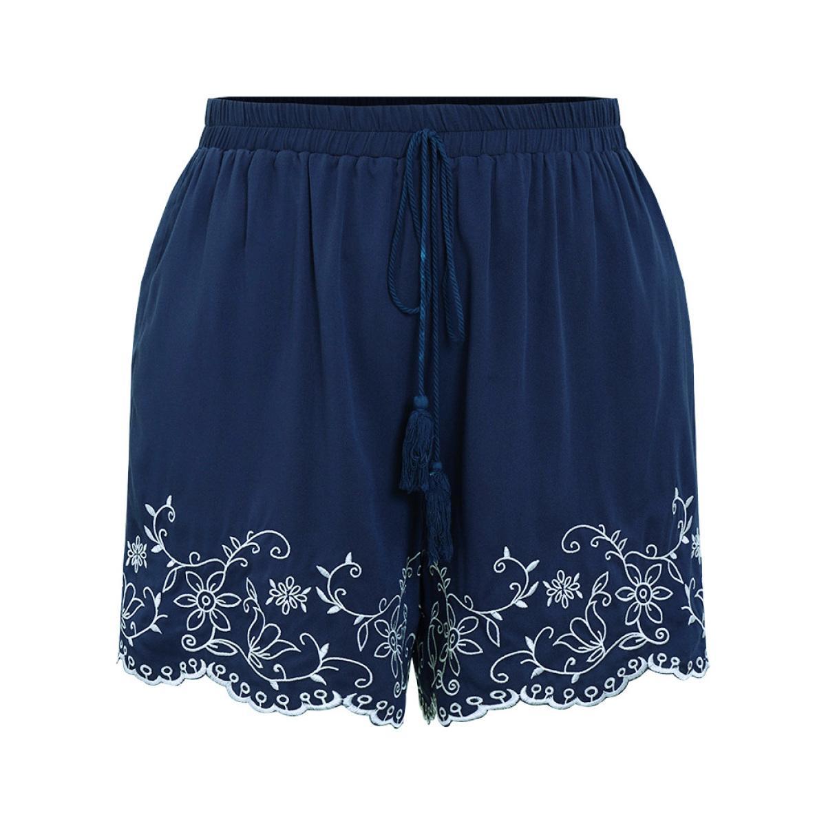 Plus Size Floral Embroidered Pocket Knotted Lettuce Trim Shorts Women Indigo Vacation Knotted Dailywear Shorts BloomChic 14-16/1X Product Image