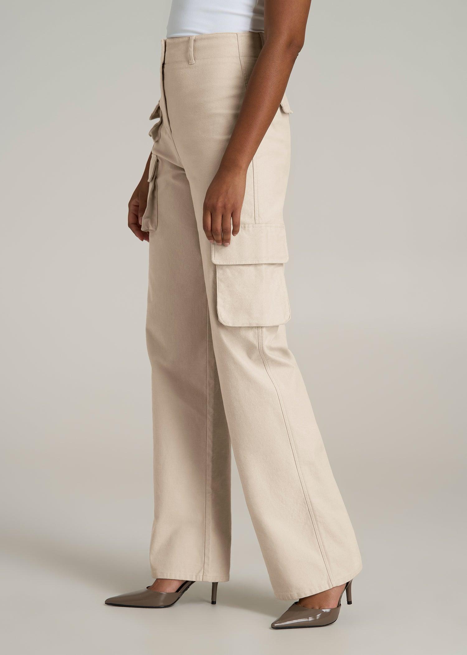 High-Waist Flat Front Cargo Pants for Tall Women in Stone Product Image