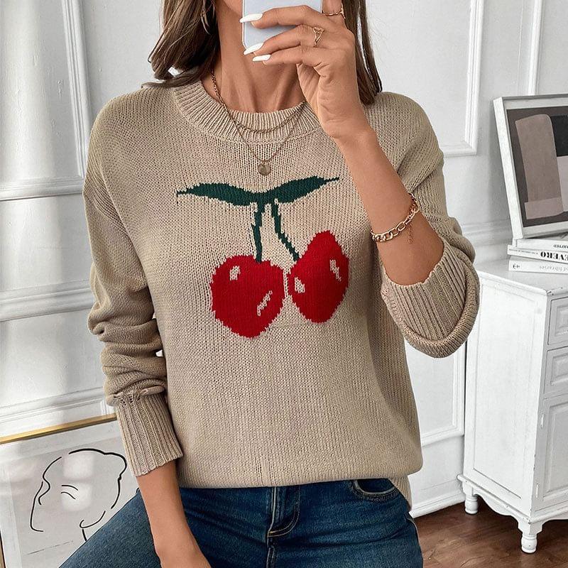 Drop Shoulder Round Neck Cherry Print Sweater Product Image