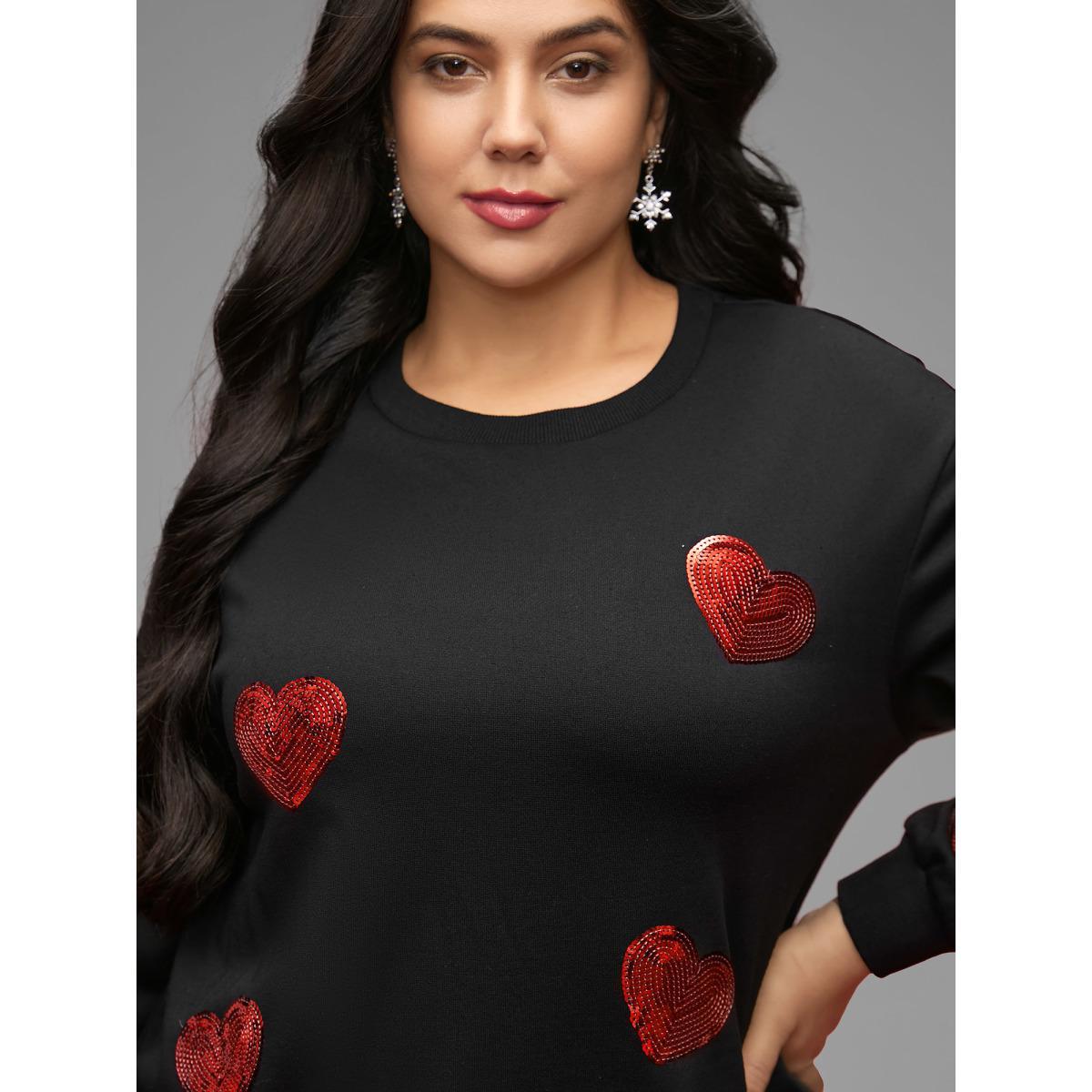 Plus Size Sequin Heart Embellished Puffy Sleeves Sweatshirt Women Black Casual Round Neck Everyday Sweatshirts BloomChic 22-24/3X Product Image