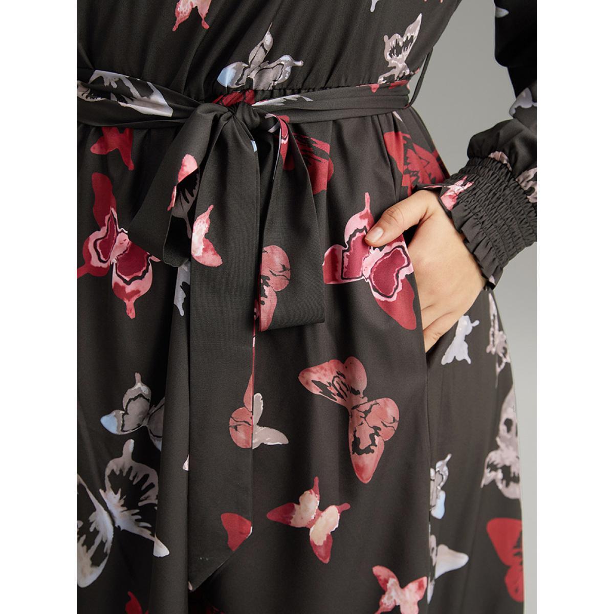 Plus Size Butterfly Print Shirred Belted Layered Dress Black Women Elegant Belted V-neck Long Sleeve Curvy Midi Dress BloomChic 18-20/2X Product Image
