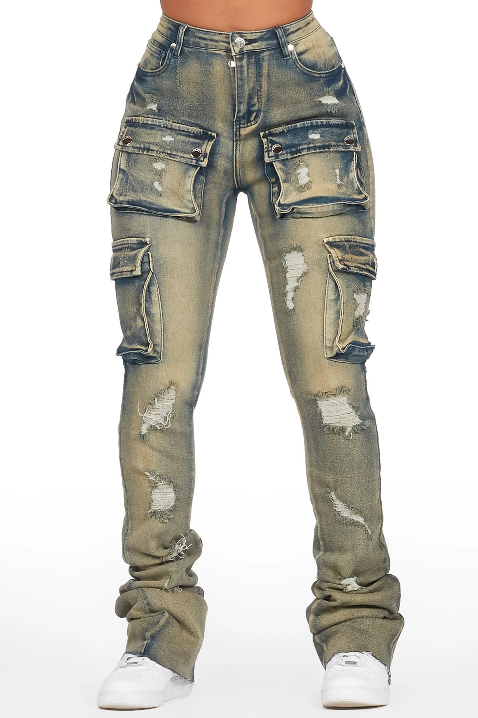 Noor Tinted Dark Wash Cargo Super Stacked Jean Female Product Image