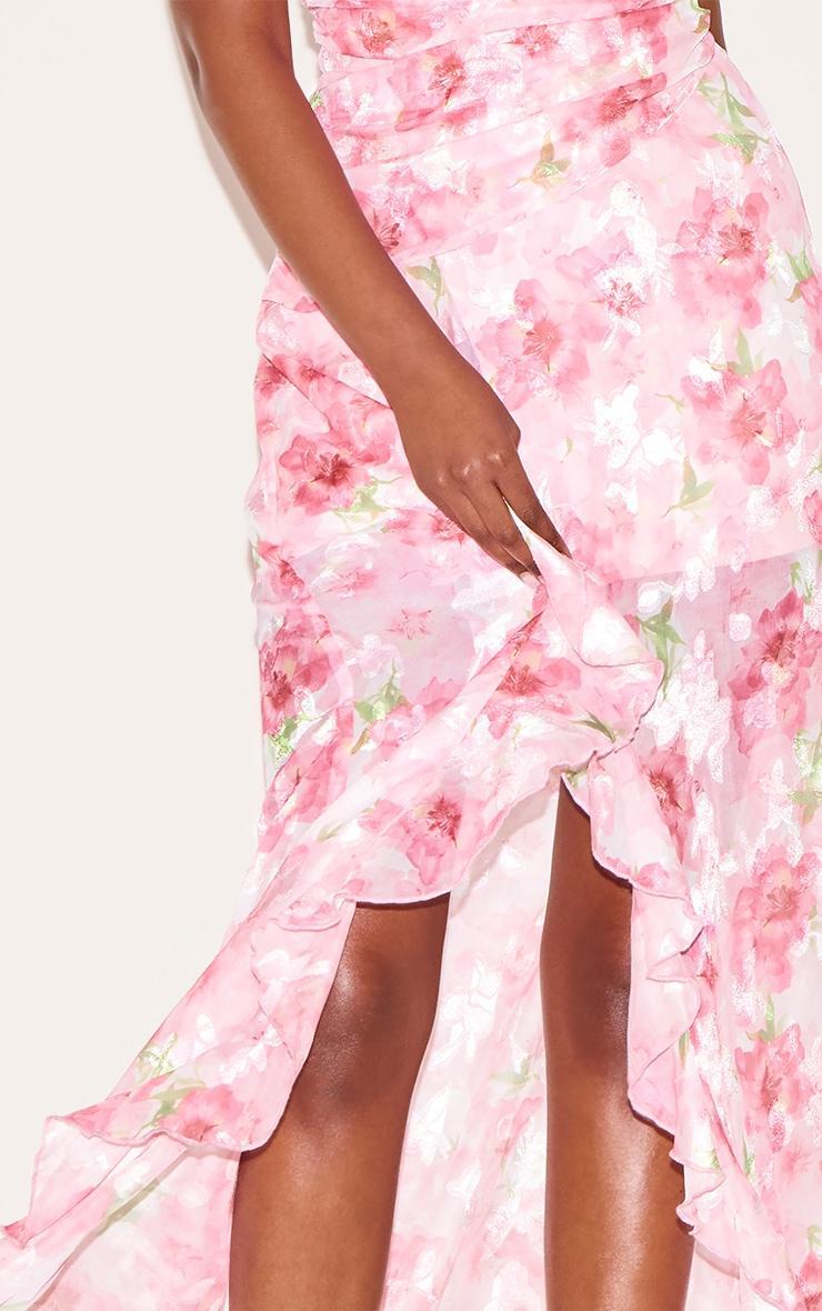Pink Floral Chiffon Frill Plunge Strappy Maxi Dress Product Image