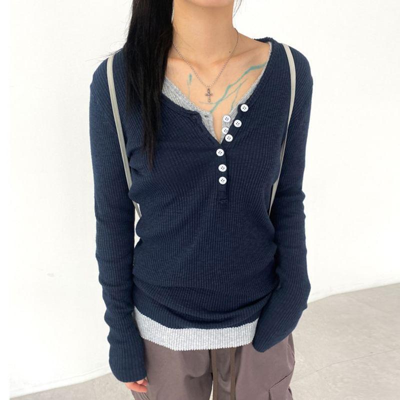 Long Sleeve V-Neck Mock Two Piece Tee Product Image