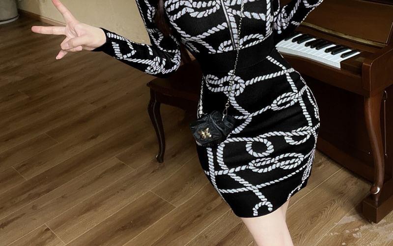 Long-Sleeve Collared Pattern Knit Mini Bodycon Dress Product Image