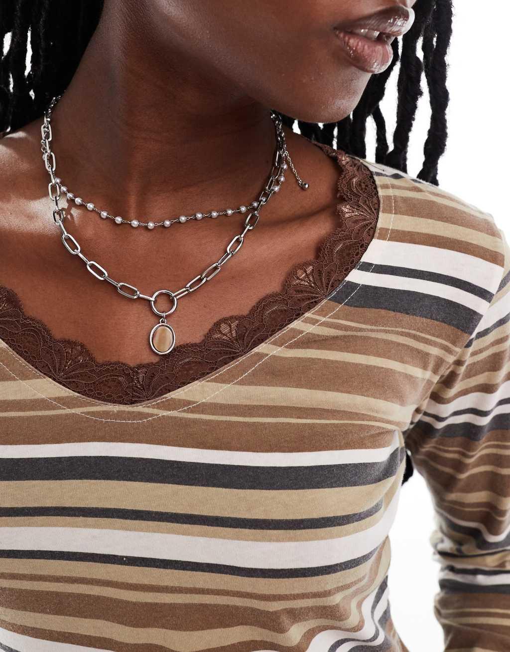 Daisy Street long sleeve washed stripe jersey top with lace detail Product Image