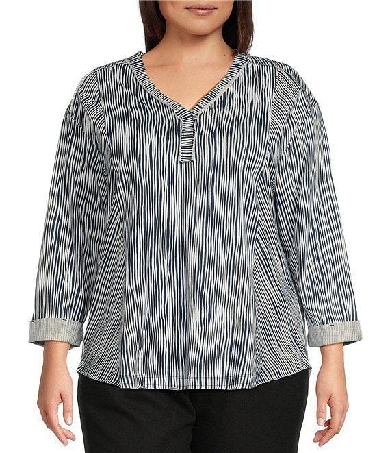 Westbound Plus Size Striped Rolled 3/4 Sleeve Faux Henley Top Product Image