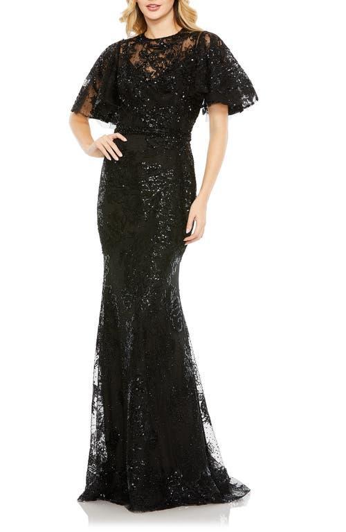 Womens Embellished Flutter-Sleeve High-Neck Gown Product Image