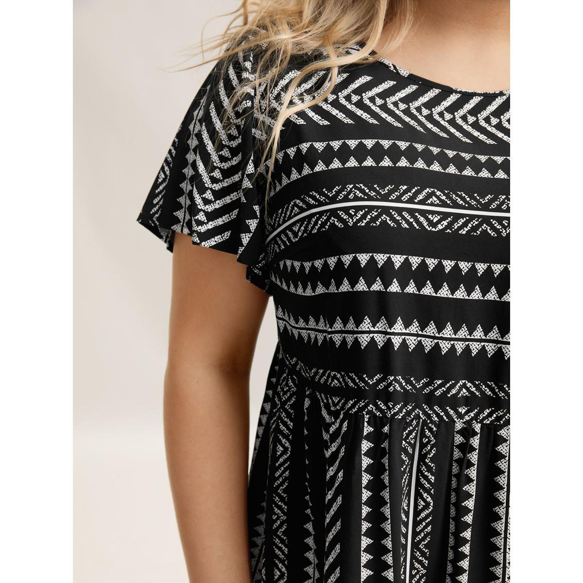 Plus Size Black Boho Striped Round Neck Babydoll Shirt Women Resort Cap Sleeve Round Neck Vacation Blouses BloomChic 30/6X Product Image