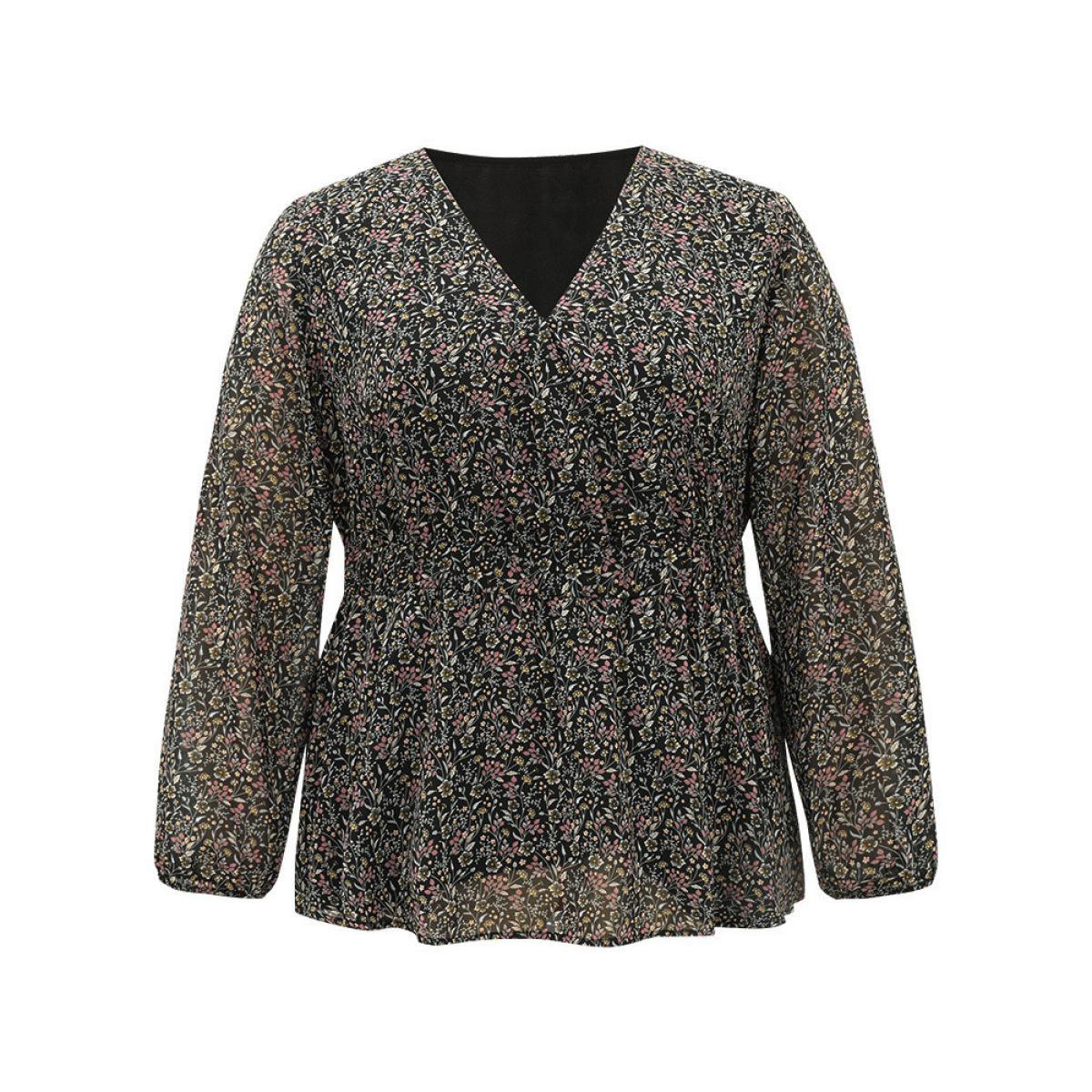 Plus Size Black Ditsy Floral Shirred Lantern Sleeve Blouse Women Elegant Long Sleeve V-neck Everyday Blouses BloomChic 10/M Product Image