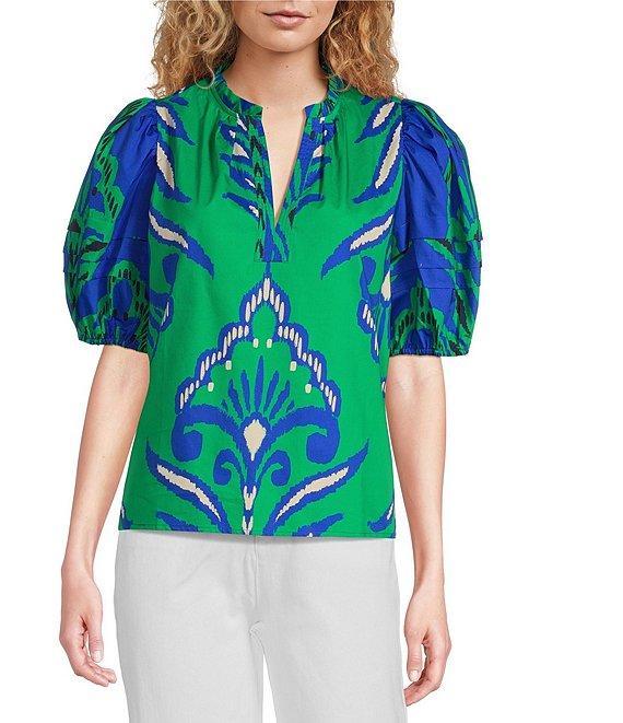 tyler boe Jenna Split V-Neck Ruffle Short Puff Sleeve Top Product Image