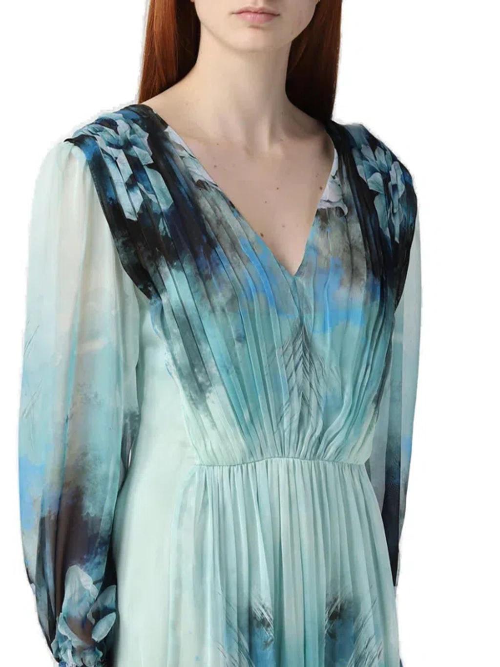 ALBERTA FERRETTI Floral Printed Pleated Midi Dress In Light Blue Product Image