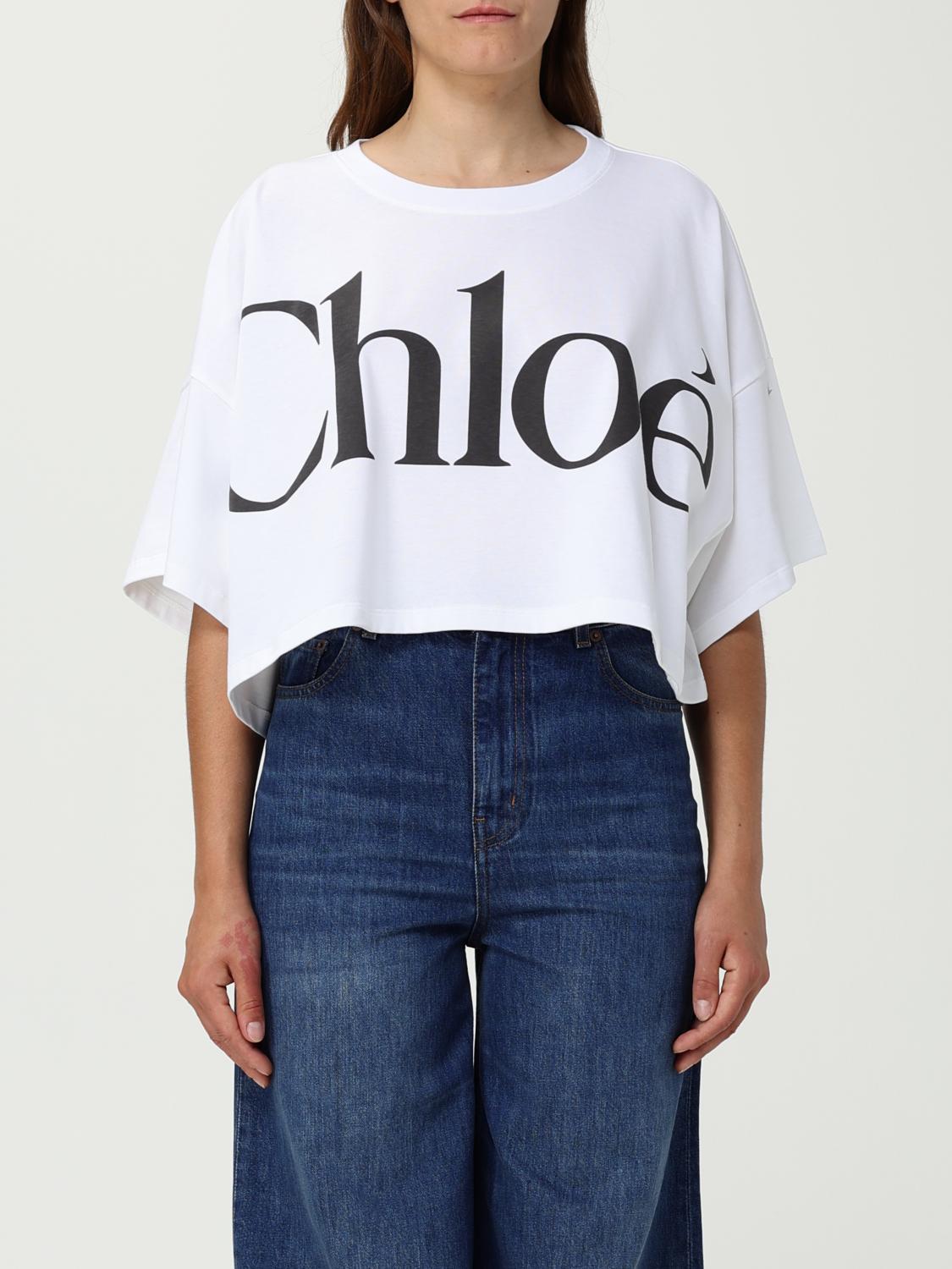 CHLOÉ White Cropped Crewneck T-shirt With Maxi Logo Print On The Front In Cotton Woman In Multicolor Product Image