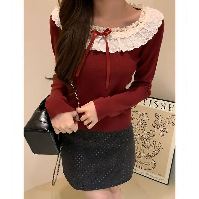 Long-Sleeve Round Neck Plain Bow Lace Trim Knit Top Product Image