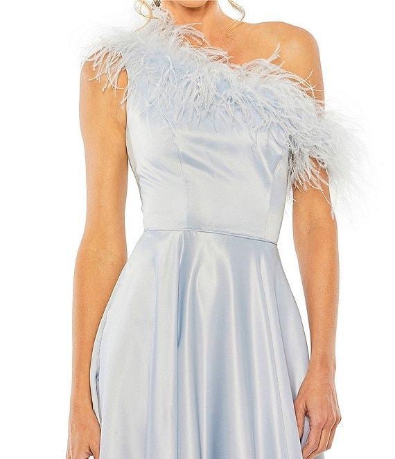 Mac Duggal Satin One Shoulder Sleeveless Feather Trim Gown Product Image