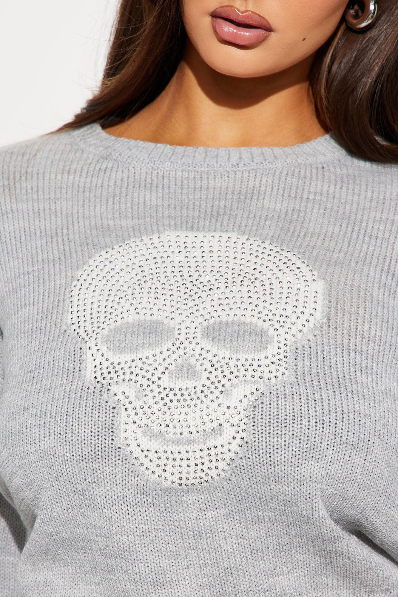 Skull Rhinestone Sweater - Grey/combo Product Image