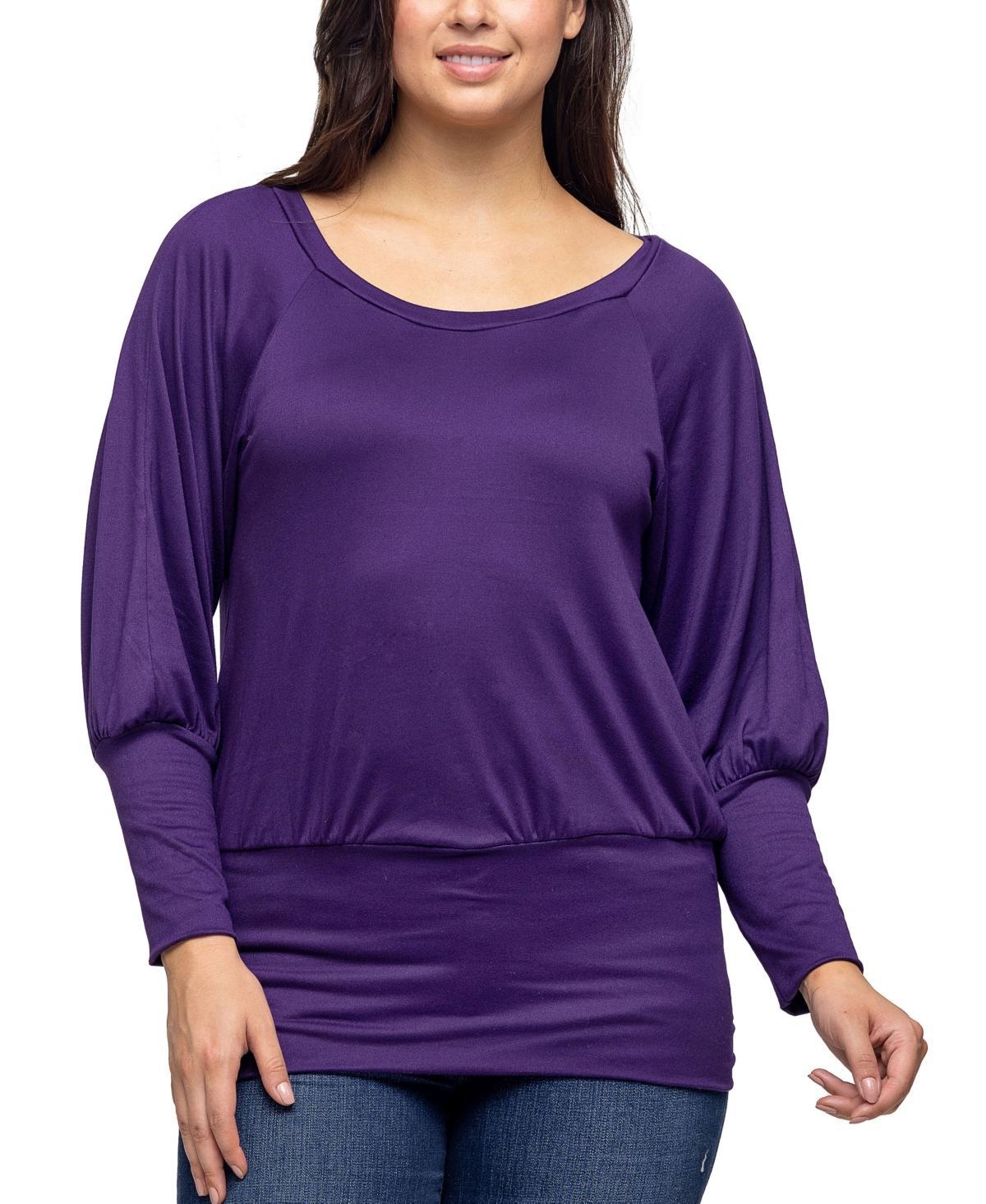 Women's 24Seven Comfort Apparel Round Neck Long Blouson Sleeve Banded Bottom Top, Size: Medium, Grey Product Image