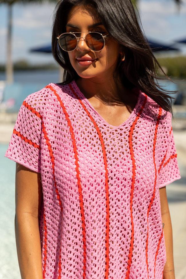 Never Ending Sunny Days Pink and Red Knit Cover Up Product Image