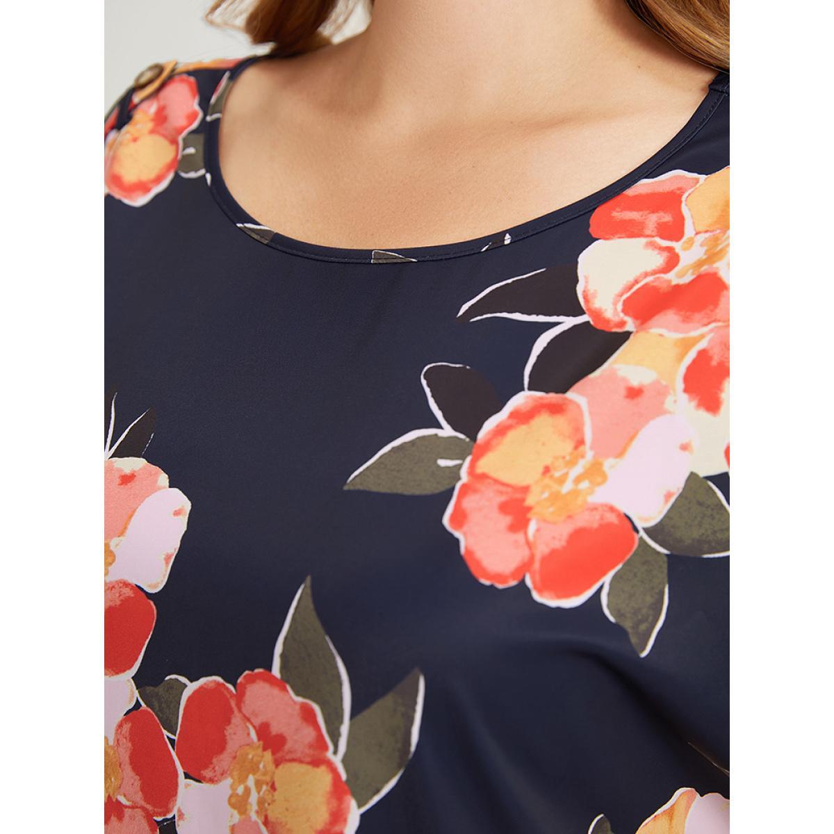 Plus Size Indigo Floral Printed Roll Tab Sleeve Blouse Women Elegant Short sleeve Round Neck Dailywear Blouses BloomChic 12/L Product Image